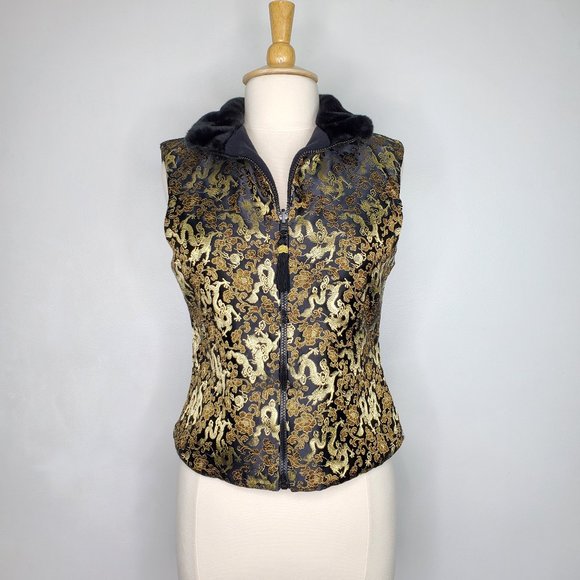 Descente Jackets & Blazers - Descente Reversible Asian Inspired Black Gold Bronze Dragons Floral Vest, M